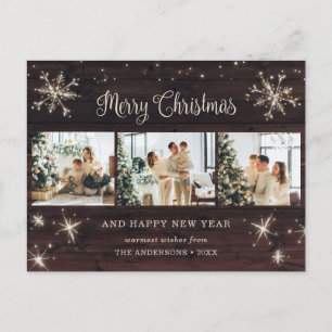 Photo Collage Rustic Wood Snowflake Holiday Postcard