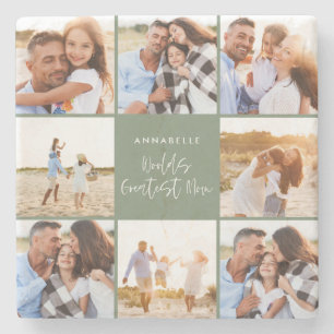 Photo collage sage green girly modern mothers day stone coaster