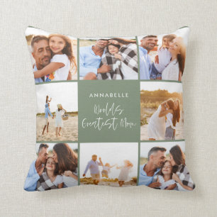 Photo collage sage green girly modern mothers day  throw pillow