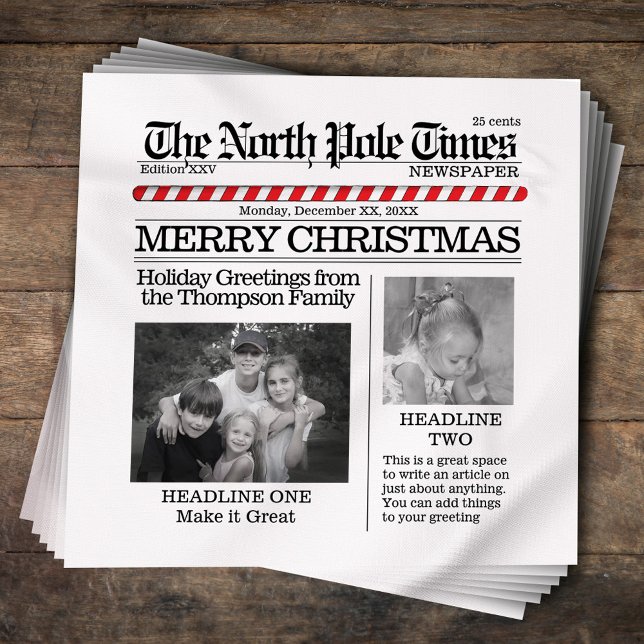Photo Collage Santa Newspaper Christmas Funny Napkin (Merry Christmas cute whimsical newspaper cocktail napkins. )