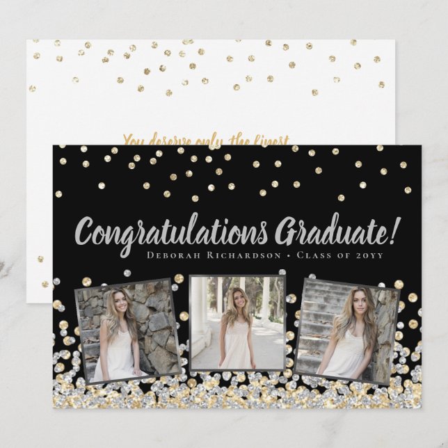 Photo Collage Silver Gold Confetti Graduation Card (Front/Back)