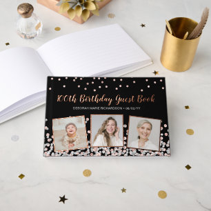 Photo Collage Silver Rose Gold 100th Birthday Guest Book