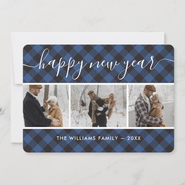 Photo Collage Simple Blue Happy New Year Card (Front)