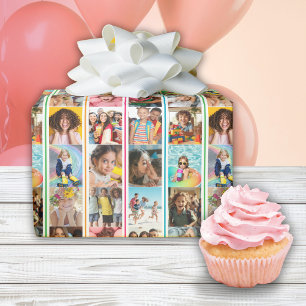 Photo Collage Simple Stripes Birthday  Wrapping Paper