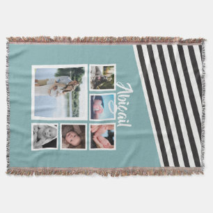 Photo Collage Teal Striped Unique Personalized Throw Blanket