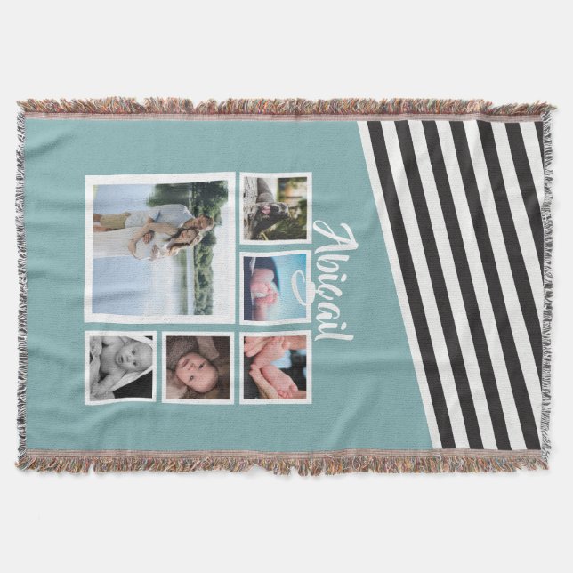 Photo Collage Teal Striped Unique Personalized Throw Blanket (Front)