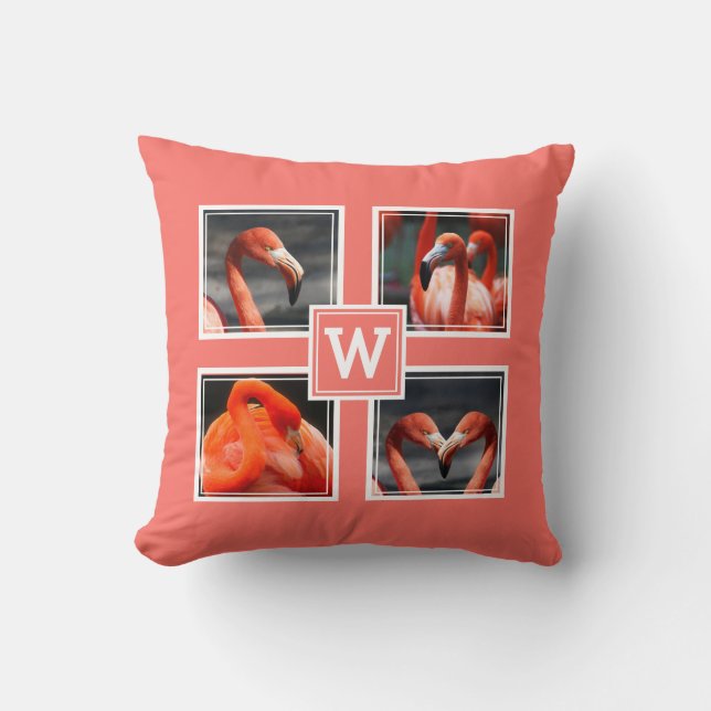 Photo Collage Template Monogram CORAL Throw Pillow (Front)