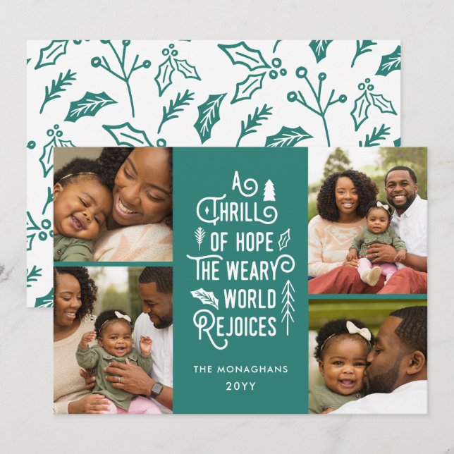 Photo Collage Thrill Of Hope Photo Christmas Teal Holiday Card (Front/Back)