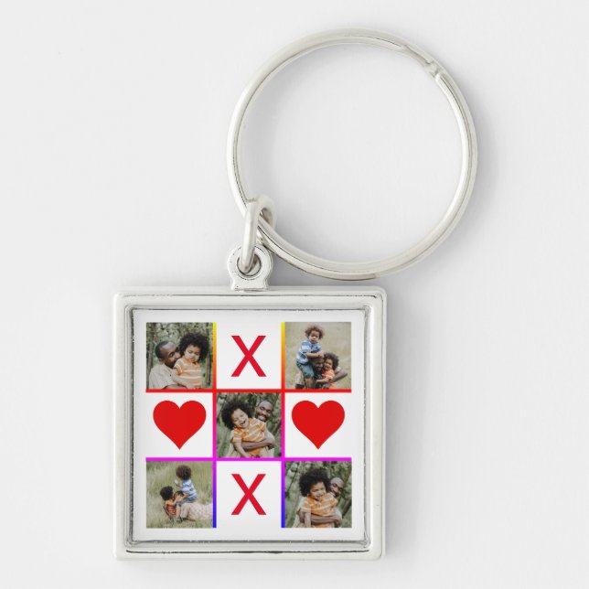 Photo Collage Tic Tac Toe Hugs Kisses Fathers Day Keychain (Front)