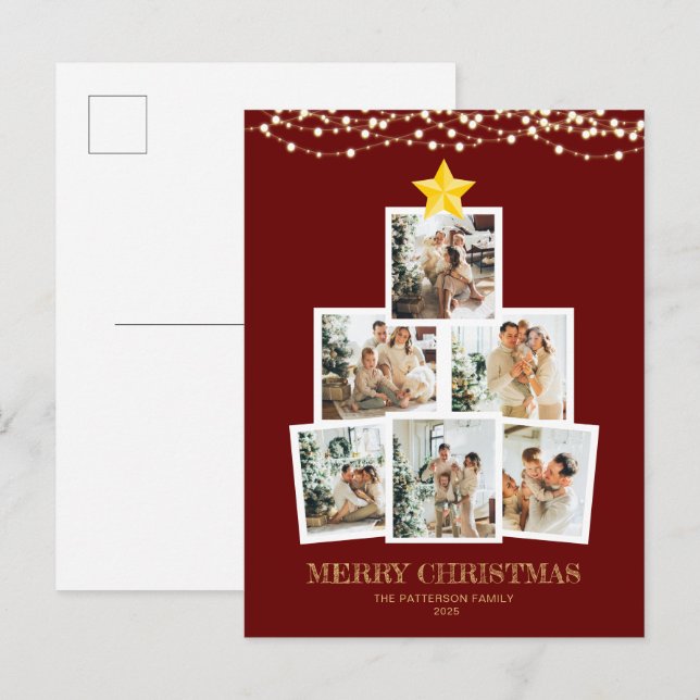 Photo Collage Tree Red String lights Christmas Holiday Postcard (Front/Back)