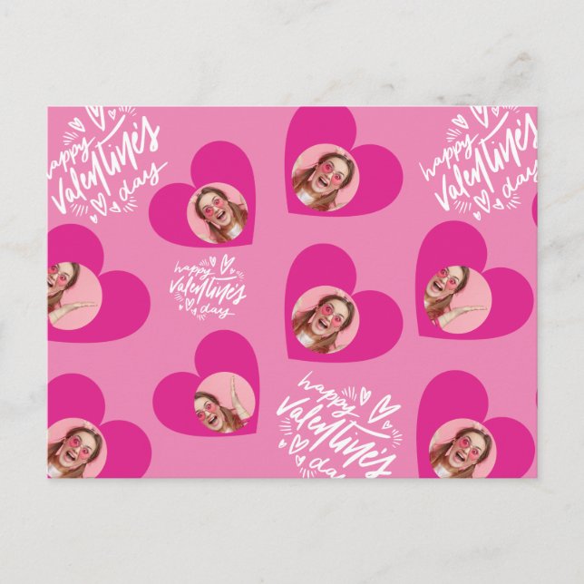 Photo Collage Valentine's Day Hot Pink Hearts Postcard (Front)