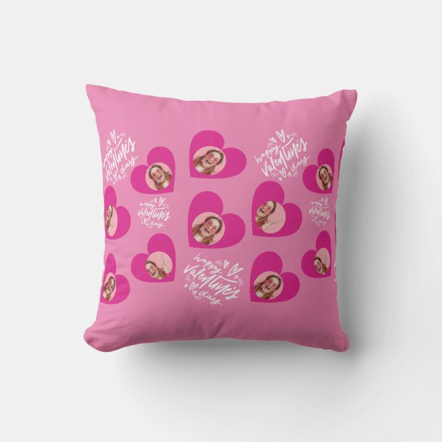 Photo Collage Valentine's Day Hot Pink Hearts Throw Pillow (Front)