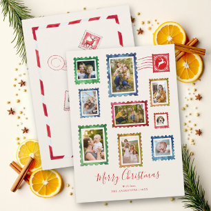 Photo Collage Vintage Stamps Whimsical Christmas Holiday Card