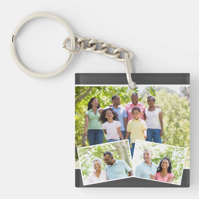 Photo Collage w. 3 Family Photos - Charcoal Grey Keychain (Front)