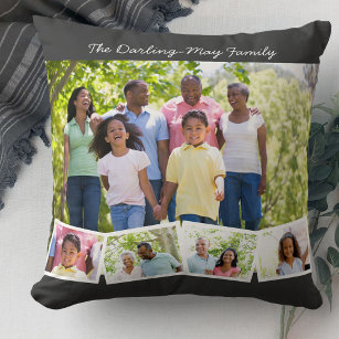 Photo Collage w Family Name and ZigZag Photo Strip Throw Pillow