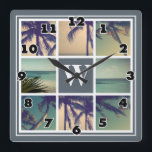 Photo collage wall clock with custom name monogram<br><div class="desc">Custom photo collage wall clock with exclusive name monogram. Elegant square wall art design with classy border and name initial letter in the middle centre. Customizable background colour ie grey. Template example features tropical plam tree leaves and exotic coastal scenes. Upload multiple pictures and personalize the text to create a...</div>