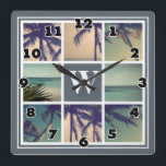 Photo collage wall clock with custom name monogram<br><div class="desc">Custom photo collage wall clock with exclusive name monogram. Elegant square wall art design with classy border and name initial letter in the middle centre. Customizable background colour ie grey. Template example features tropical plam tree leaves and exotic coastal scenes. Upload multiple pictures and personalize the text to create a...</div>