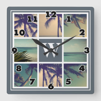 Photo collage wall clock with custom name monogram