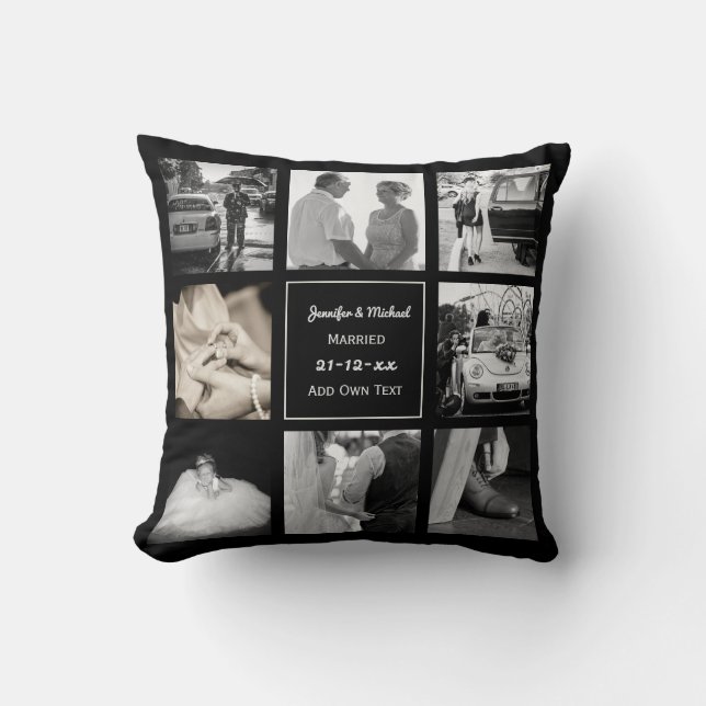 PHOTO COLLAGE Wedding or Anniversary Gift Black Throw Pillow (Front)