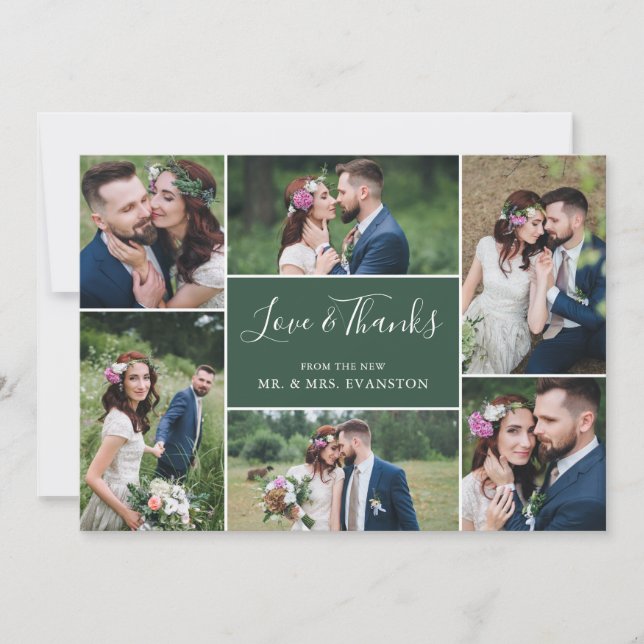 Photo Collage Wedding Thank You Flat Card | Green (Front)