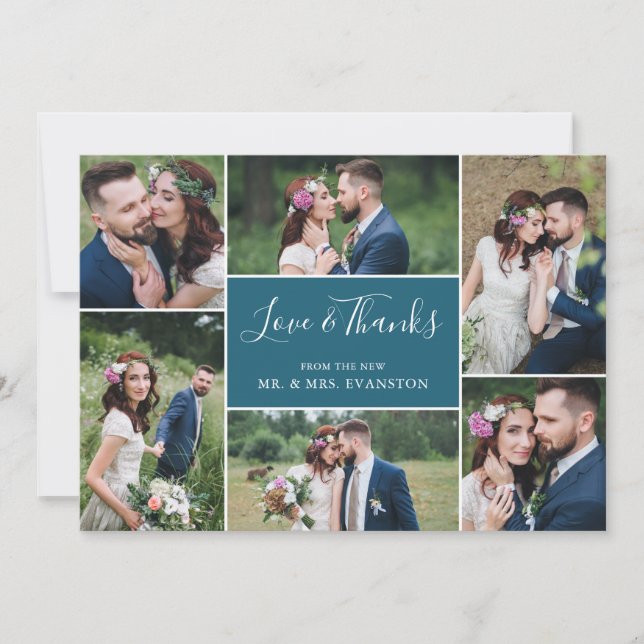 Photo Collage Wedding Thank You Flat Card | Teal (Front)