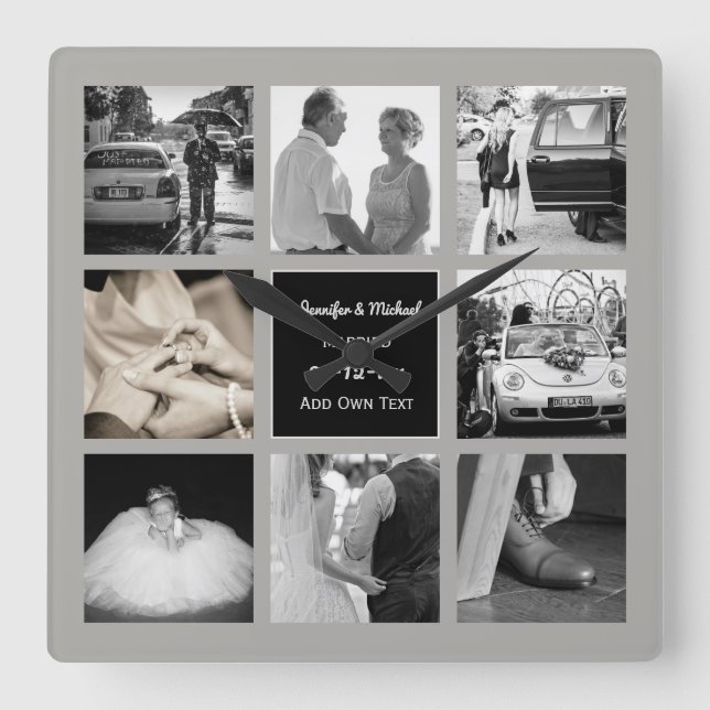 PHOTO COLLAGE Wedding Vow Renewal Anniversary Grey Square Wall Clock (Front)