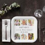 Photo collage white birthday party paper plate<br><div class="desc">For a 50th (or any age) birthday,  celebrating his/her life with a collage of 6 of your high quality photos of her,  her friends,  family,  interest or pets.  Personalize and add a name,  age,  date.    A stylish white background,  black text.</div>