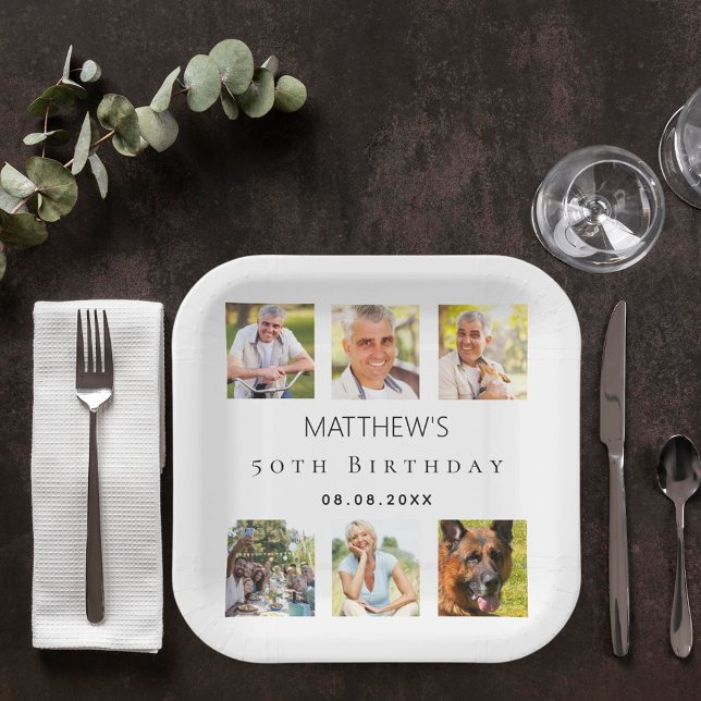 Photo collage white birthday party paper plate (Creator Uploaded)