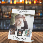 Photo collage white birthday party welcome pedestal sign<br><div class="desc">Create your own unique photo collage. Use four,  4 of your favourite photo. Personalize and add a name and age. White background,  black text.</div>