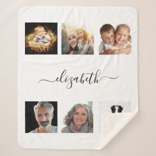 Photo collage white name script sherpa blanket