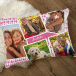 Photo Collage with 5 Pictures Pink and White Accent Pillow<br><div class="desc">Personalized pillow with 5 of your favourite photos and your name. Your pictures are set against a modern geometric pattern in pink and white. Your name is lettered in white script typography and the template is set up ready for you to personalize the design. You can also edit the background...</div>