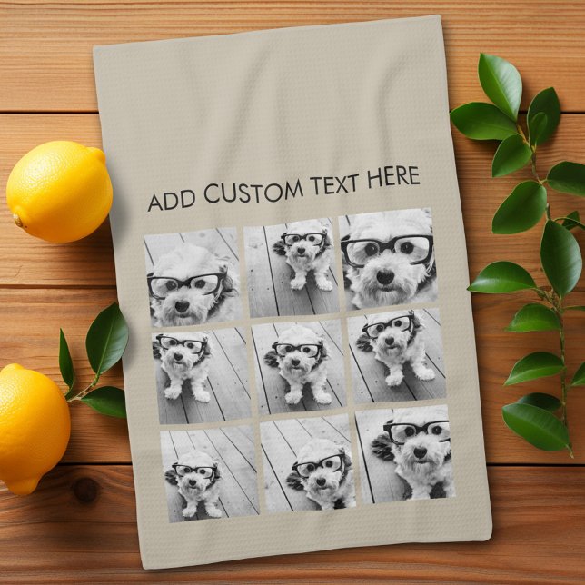 Photo Collage with 9 square photos - Taupe Kitchen Towel (Custom kitchen towel)