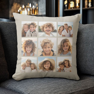 Photo Collage with 9 square photos - Taupe Throw Pillow