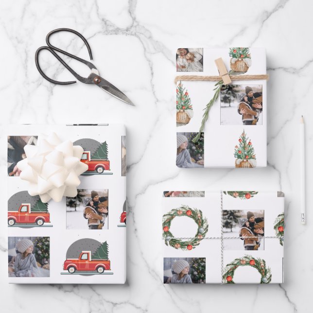 Photo Collage with Christmas watercolor elements Wrapping Paper Sheet (Front)