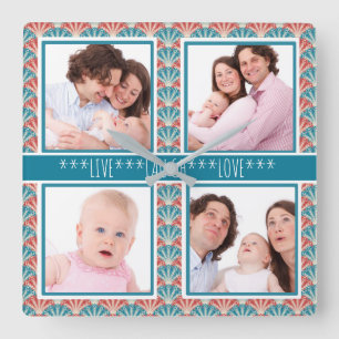 Photo Collage with Decorative Fan Pattern Square Wall Clock
