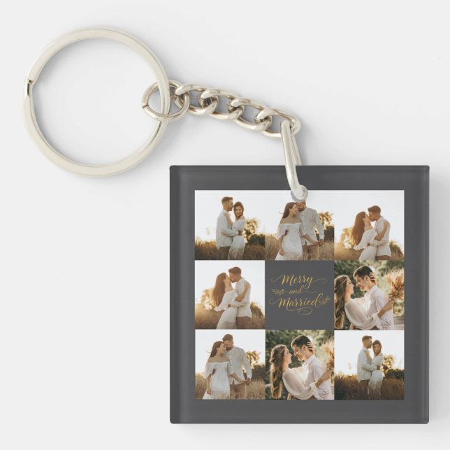 Photo Collage with Merry and Married Gold Script Keychain (Front)