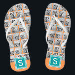 Photo Collage with Monogram - Orange and Teal Flip Flops<br><div class="desc">You can use any photos for this design. Use 8 square pictures to create a unique and personal gift. Or you can keep the hipster puppy and make a trendy keepsake. If you need to adjust the pictures,  click on the customize tool to make changes.</div>