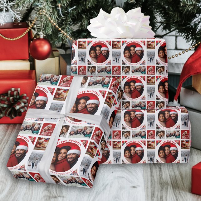 Photo Collage With Name Happy Holidays Wrapping Paper (Creator Uploaded)