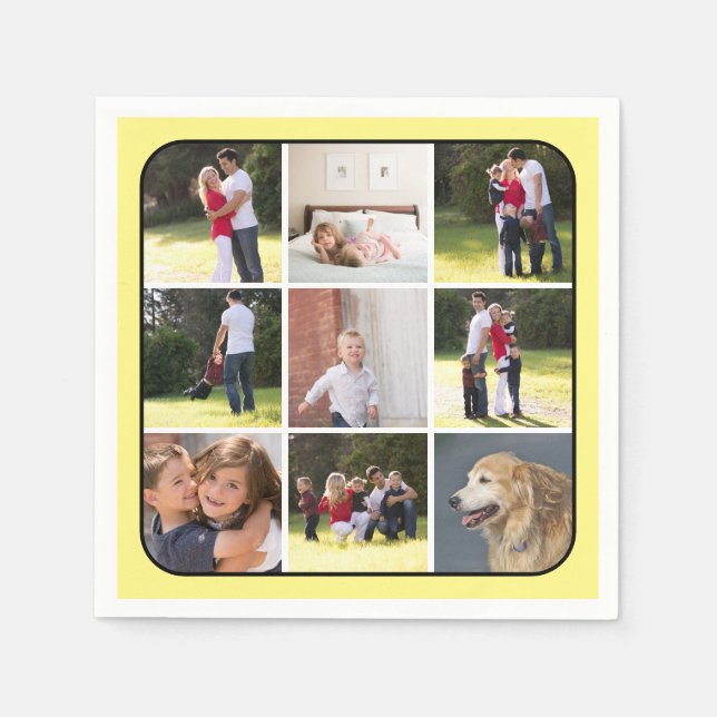 Photo collage with nine photos, pale yellow border napkin (Front)