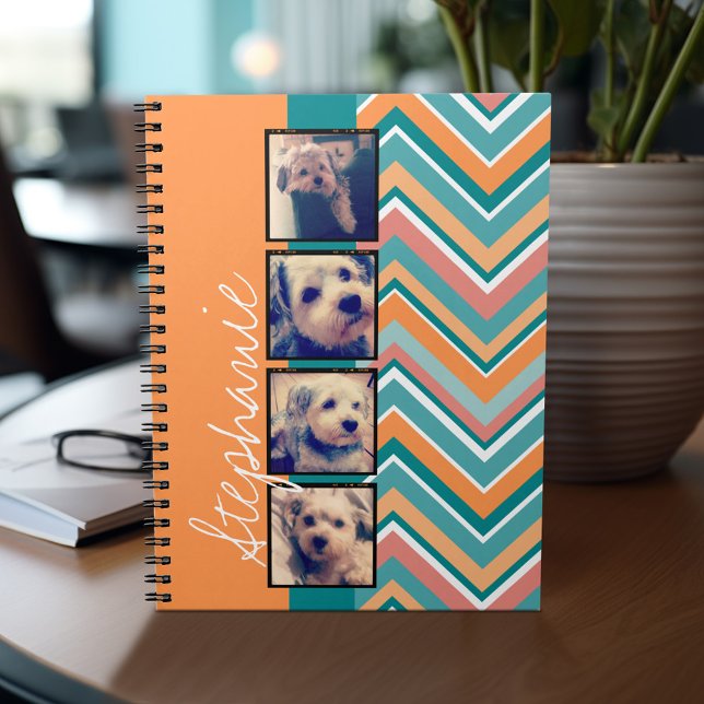 Photo Collage with Orange and Teal Chevrons Notebook (Personalized notebook with custom text - add your name and other options)