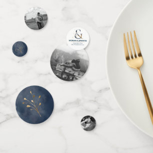 Photo confetti wedding navy and gold table decor