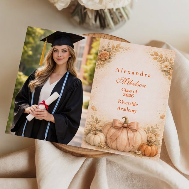 Photo Coquette Bow Pumpkin Fall Graduation Announcement (Creator Uploaded)