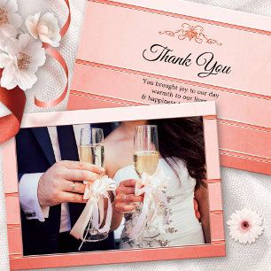 Photo Coral Peach Striped Wedding Thank You Card