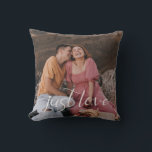 Photo Couple Just Love Script Throw Pillow<br><div class="desc">Design features your best photo with the modern heart script "Just Love",  and a rustic  natural tone linen effect on back.  Ideal gift idea for newlyweds,  housewarming,  anniversary,  and more.</div>