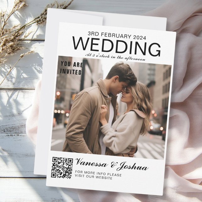 Photo Cover Magazin QR Code Wedding Invitation (Photo Cover Magazin QR Code Wedding Invitation, white, trendy, minimal.)