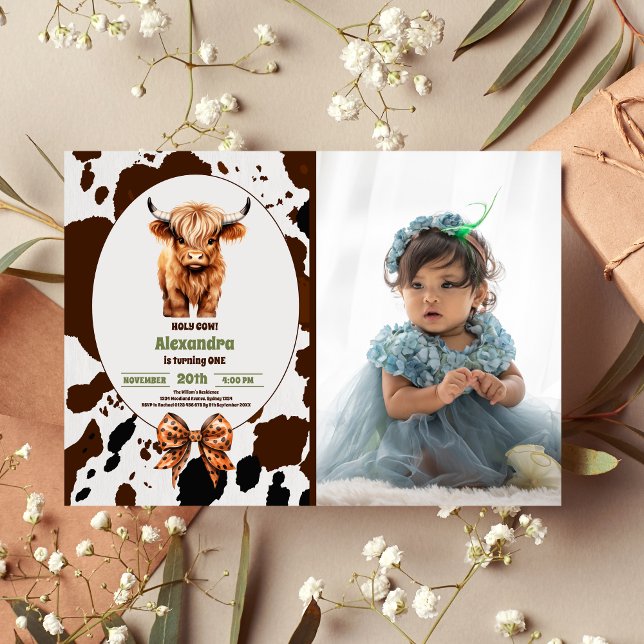 Photo Cow I'm One terracotta Plaid Birthday Invitation (Creator Uploaded)