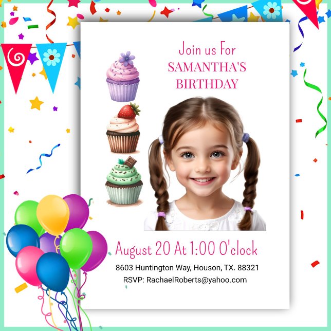 Photo Cupcake Rose Girl Invitation Anniversaire (Créateur téléchargé)