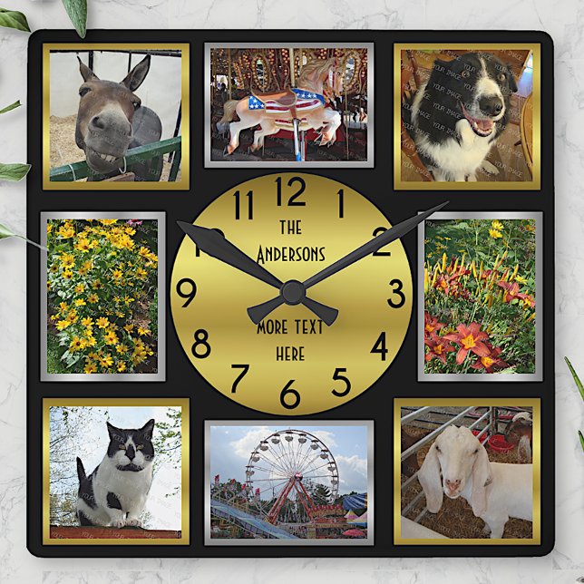 Photo Custom 8 Picture Personalized Black Gold Square Wall Clock (Creator Uploaded)