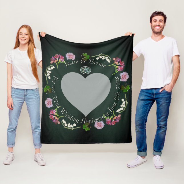 Photo Custom Floral Heart Wedding Anniversary Grey Fleece Blanket (In Situ)