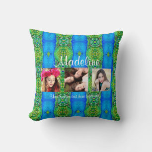Photo custom text template peacock theme colourful throw pillow
